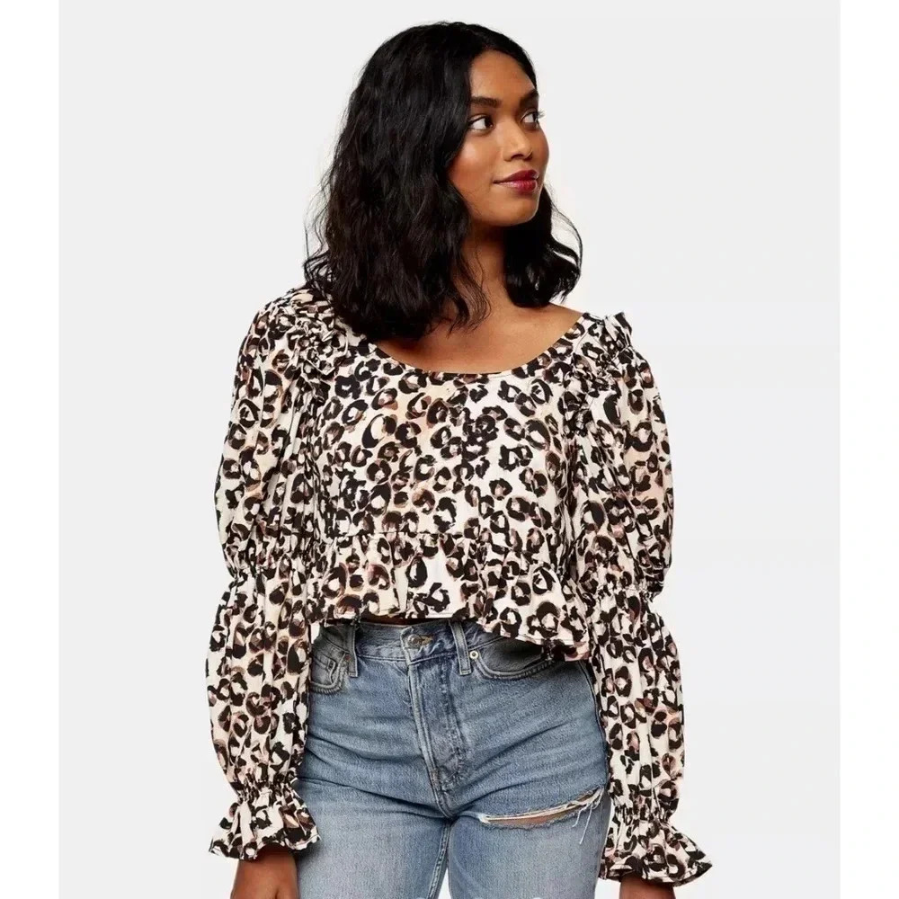 Topshop Animal Print Back Detail Cropped Blouse Size 12